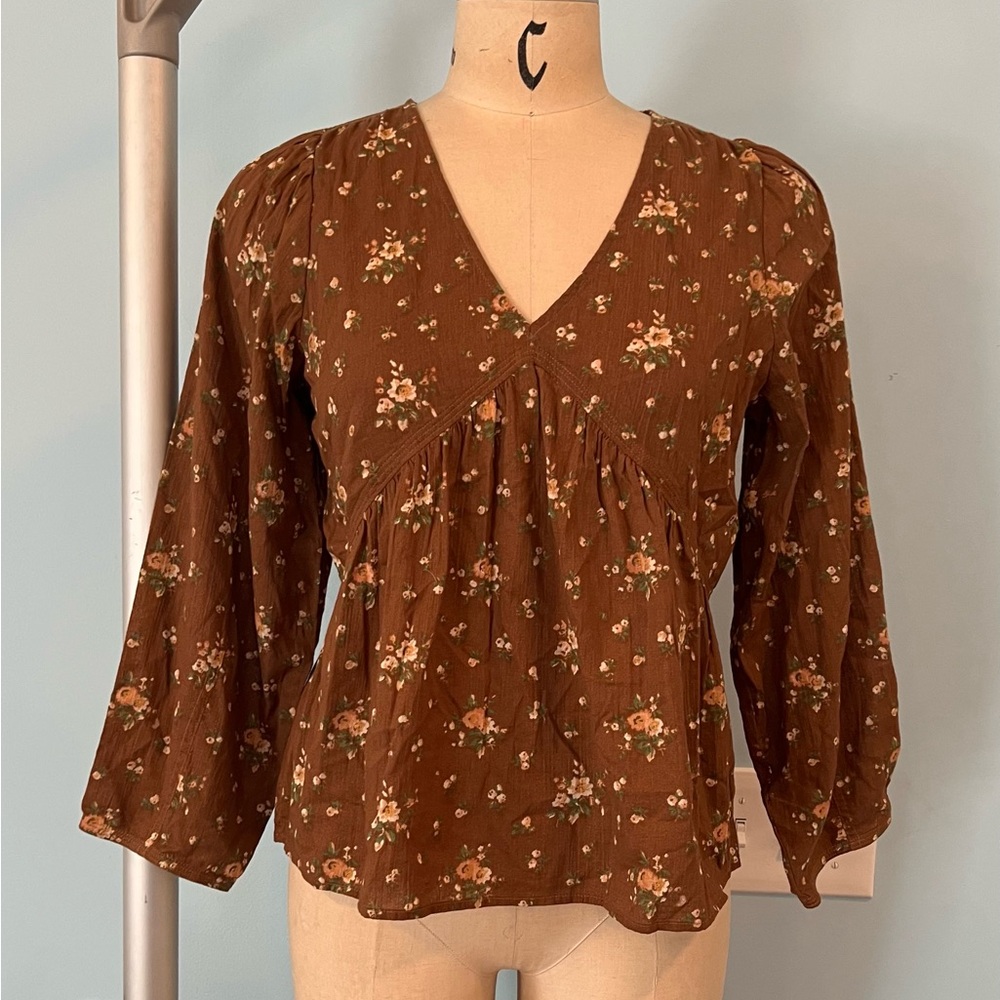 NWOT Madewell Floral Brown/orange V-Neck Women's Long Sleeve Peplum Top - Medium